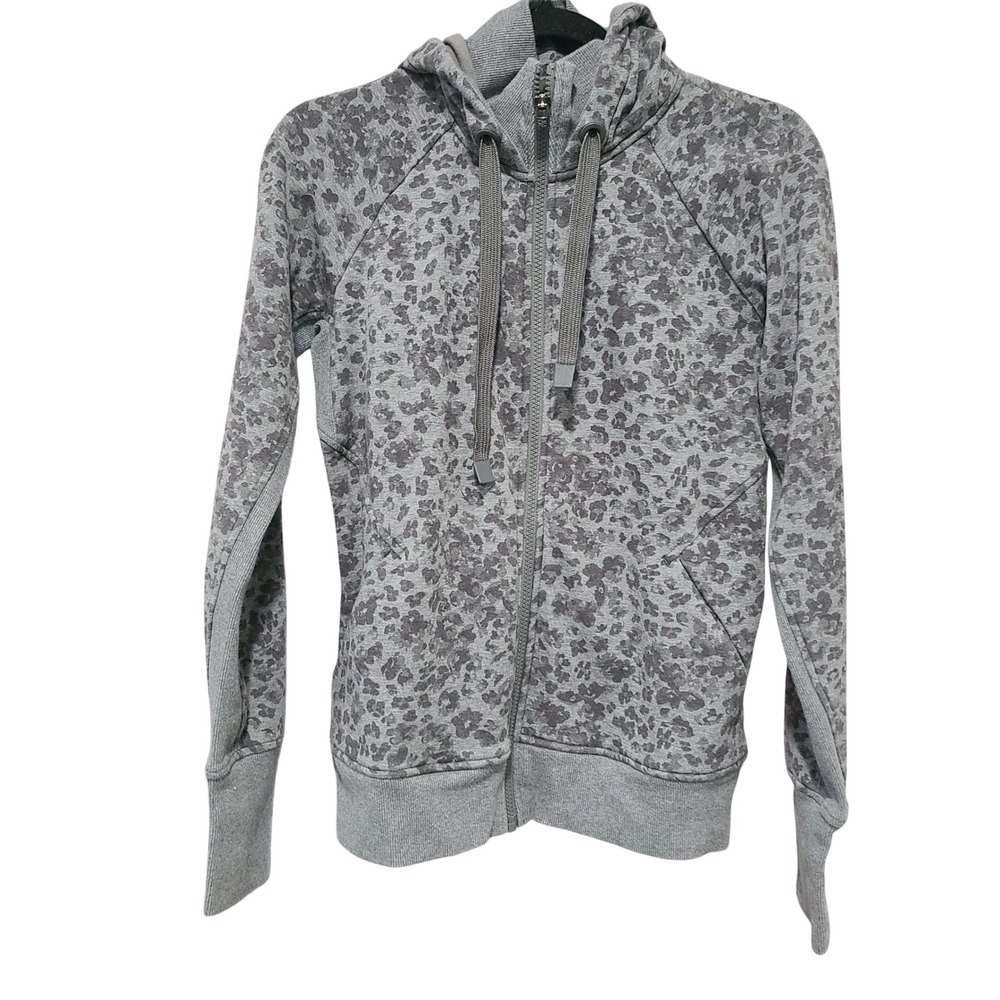 Athleta Grey Leopard Print Full Zip Fleece Hoodie Thumbholes Small